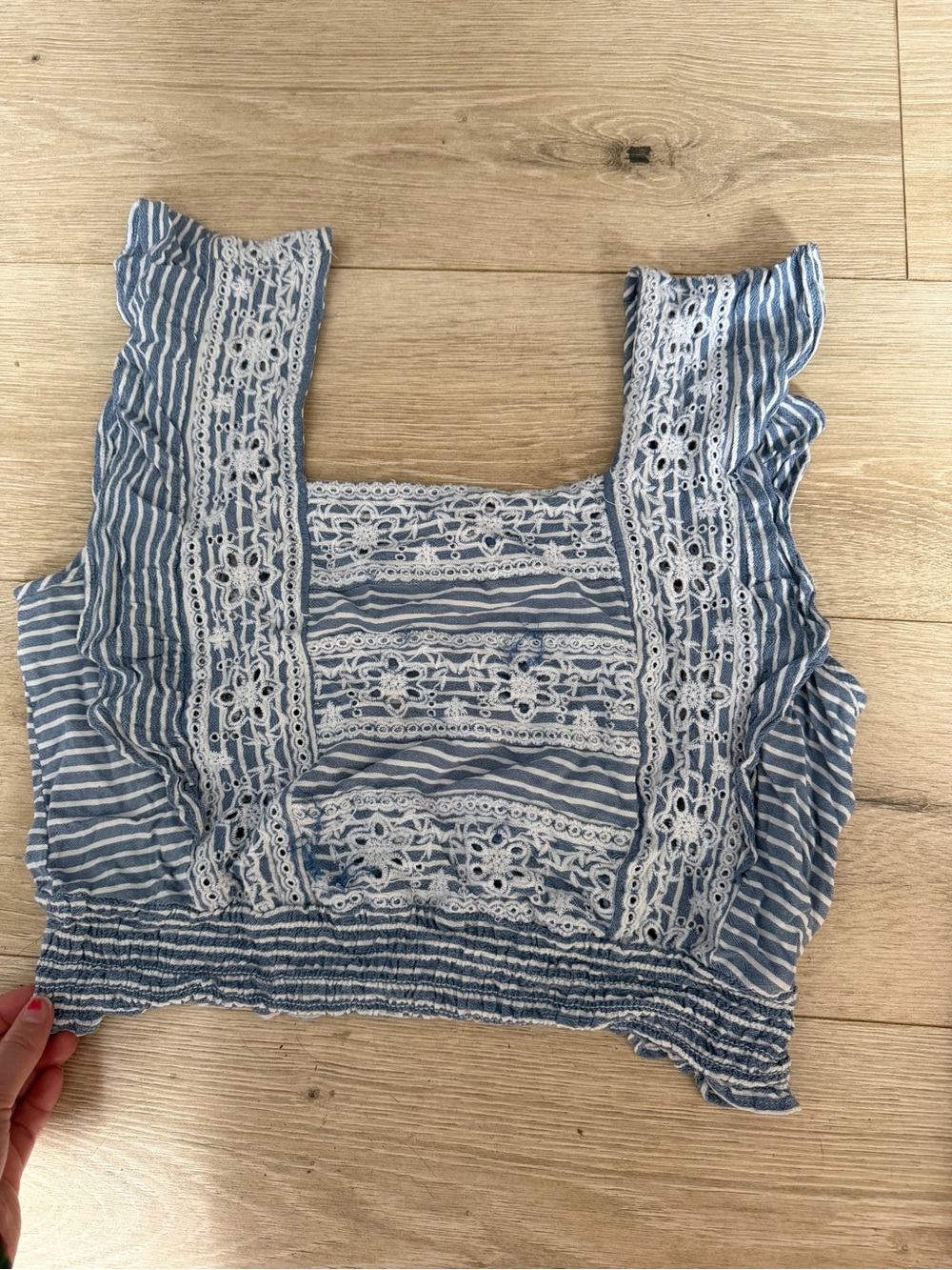 Blue Striped Lace-Trim Square Neck Women's Top